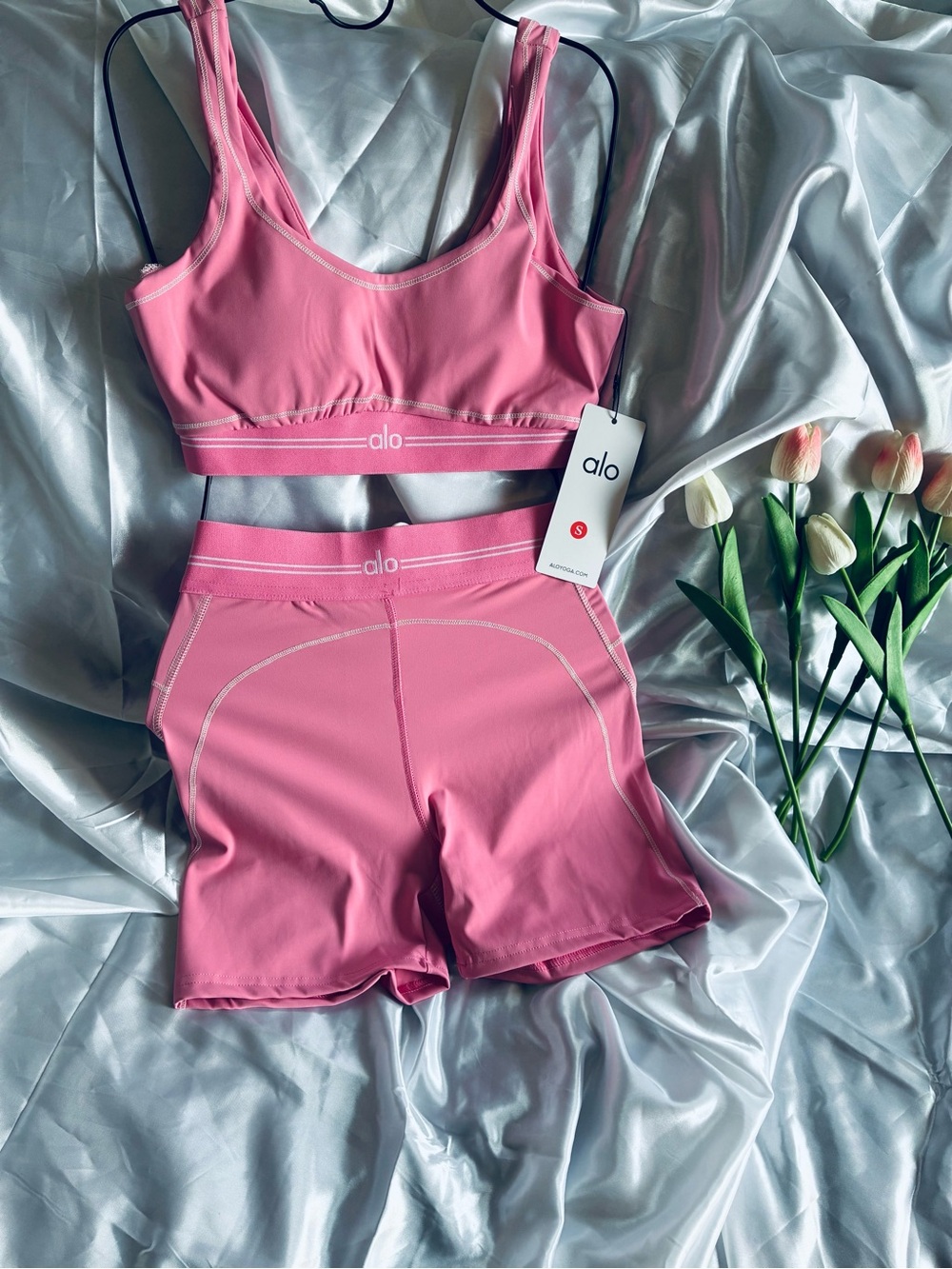 ALO Yoga Pink Seamless Sports Bra and High-Rise Shorts Set